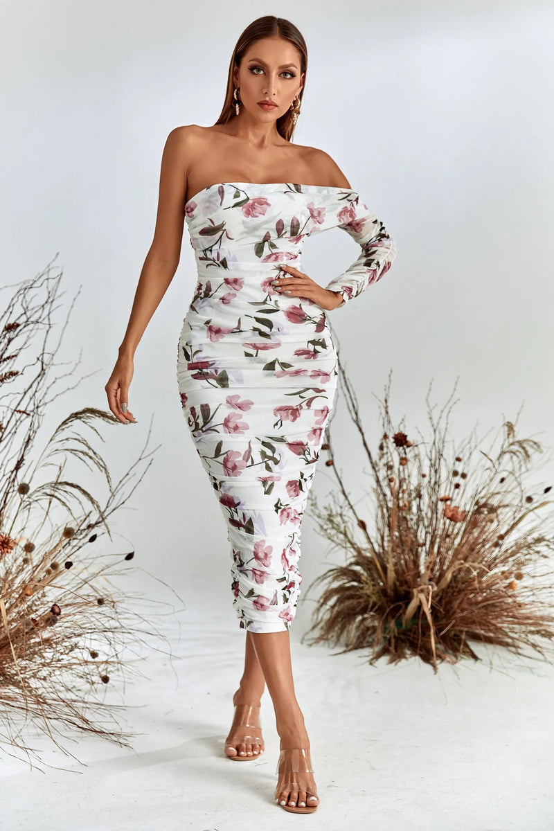 Rosa Pink and White Printed Off-shoulder Midi Dress
