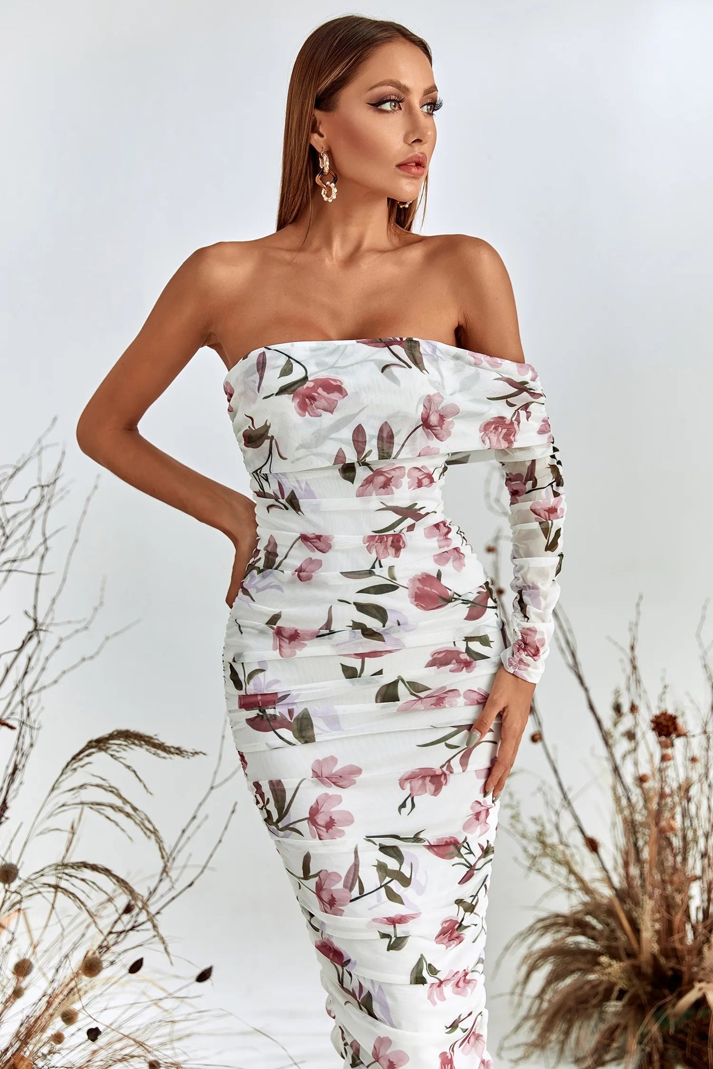 Rosa Pink and White Printed Off-shoulder Midi Dress