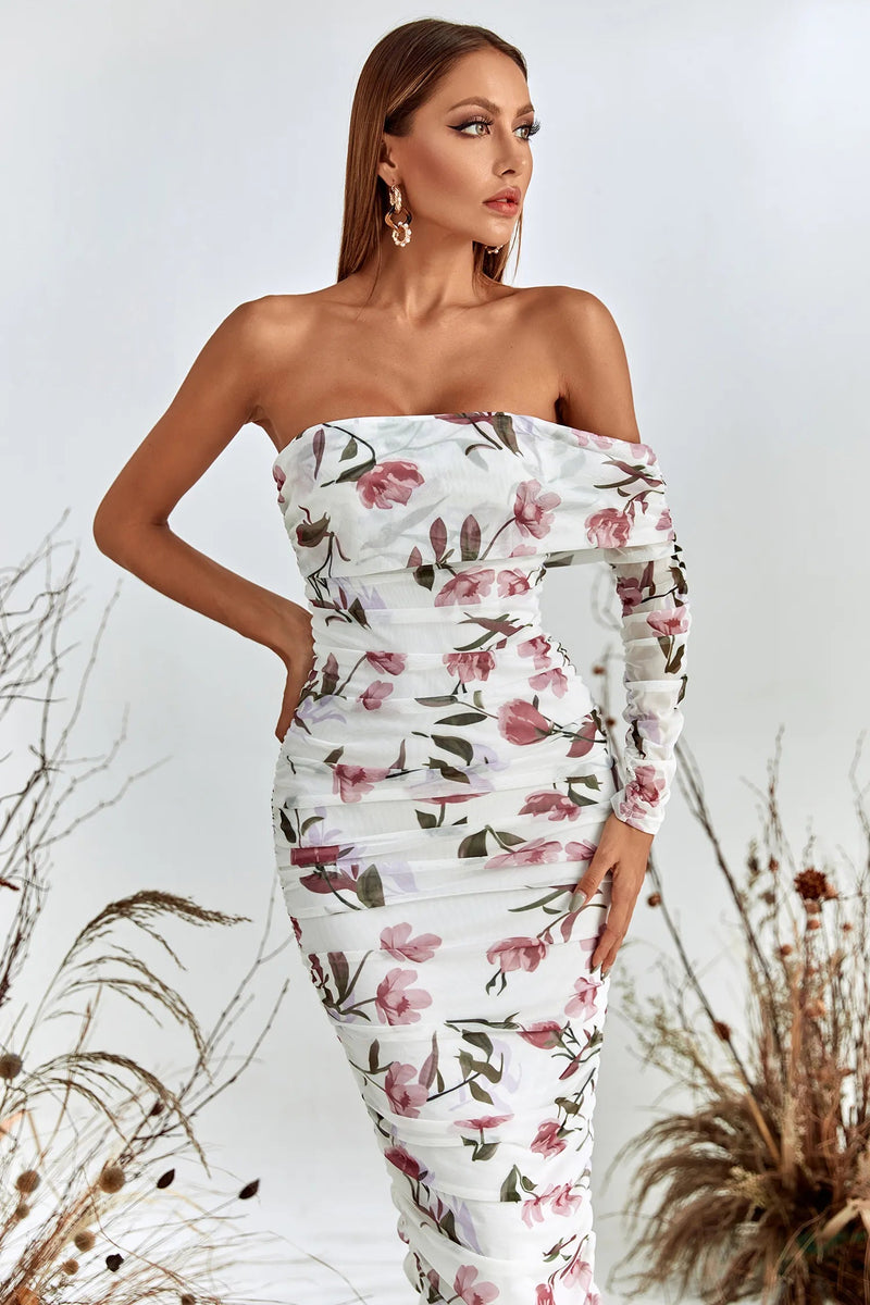 Rosa Pink and White Printed Off-shoulder Midi Dress