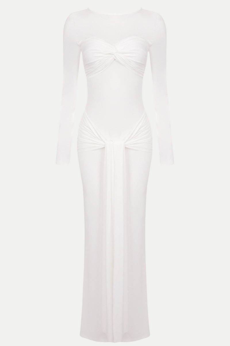 Rosalba Ruched Long Sleeve Maxi Dress - White