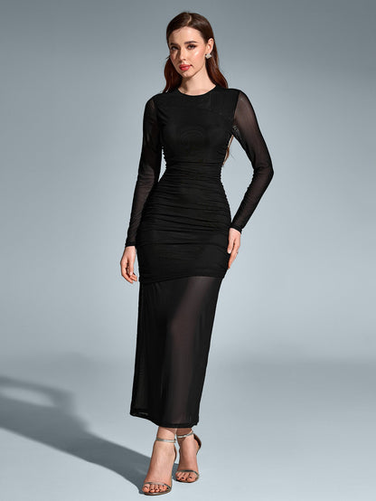 Round Neck Ruched Mesh Bodycon Dress