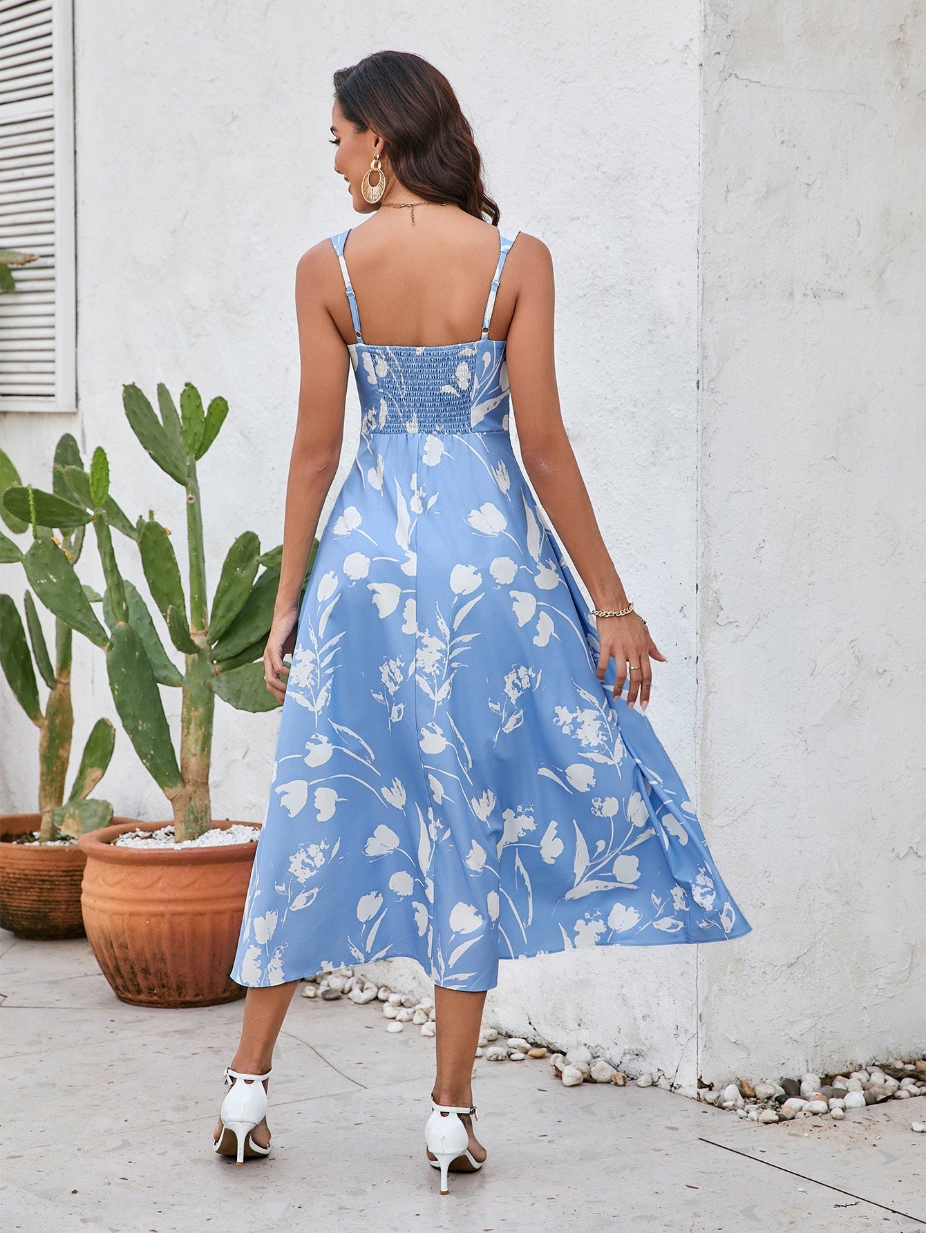 Ruched Backless Print Midi Dress
