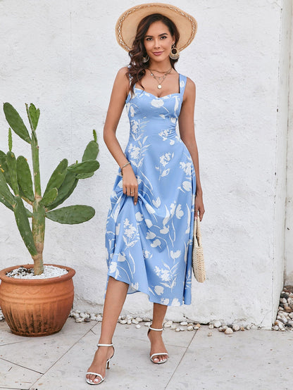 Ruched Backless Print Midi Dress
