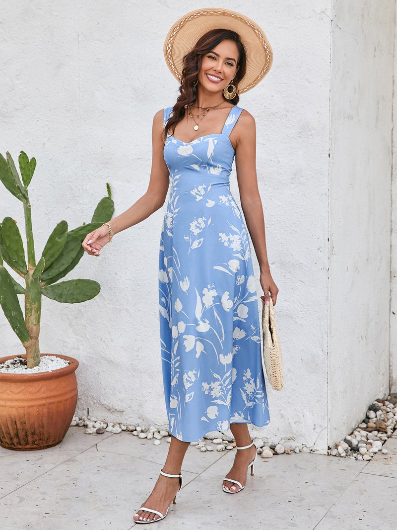 Ruched Backless Print Midi Dress