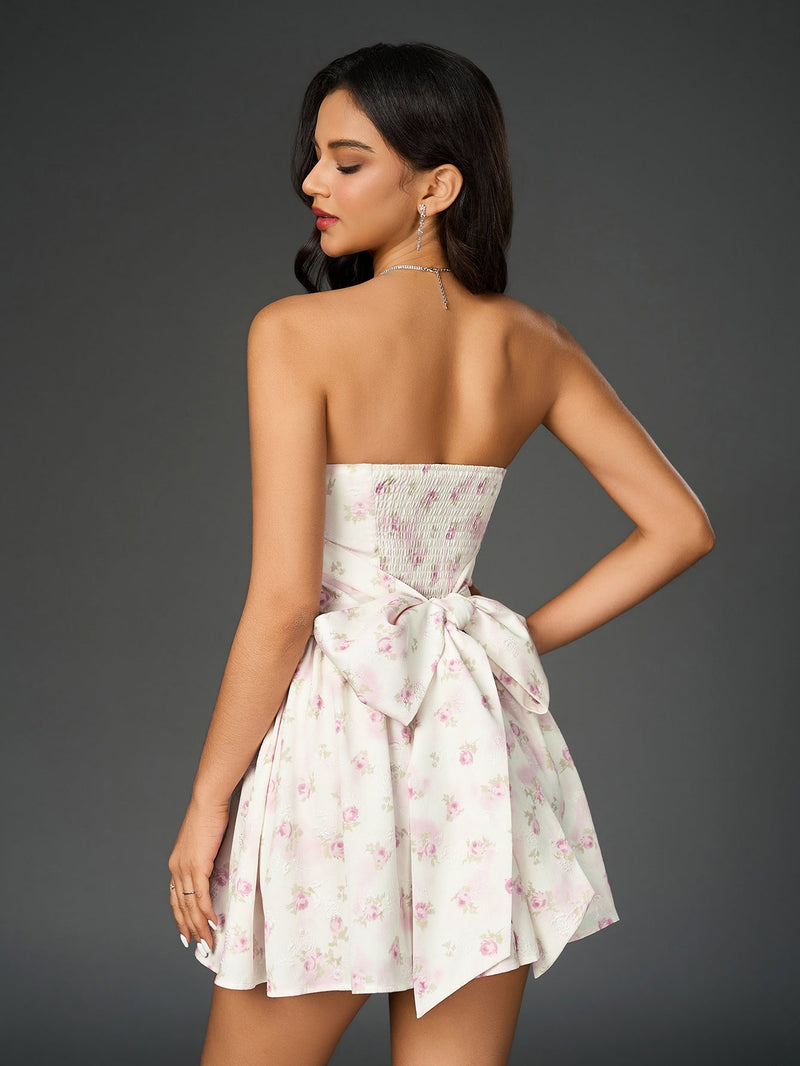 Ruched Bow Tie Back Print Tube Dress