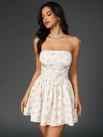 Ruched Bow Tie Back Print Tube Dress