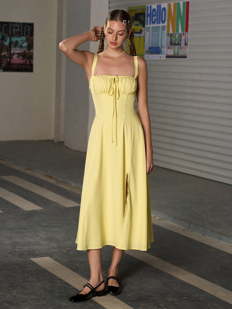 Ruched Bust Split Thigh Cami Dress