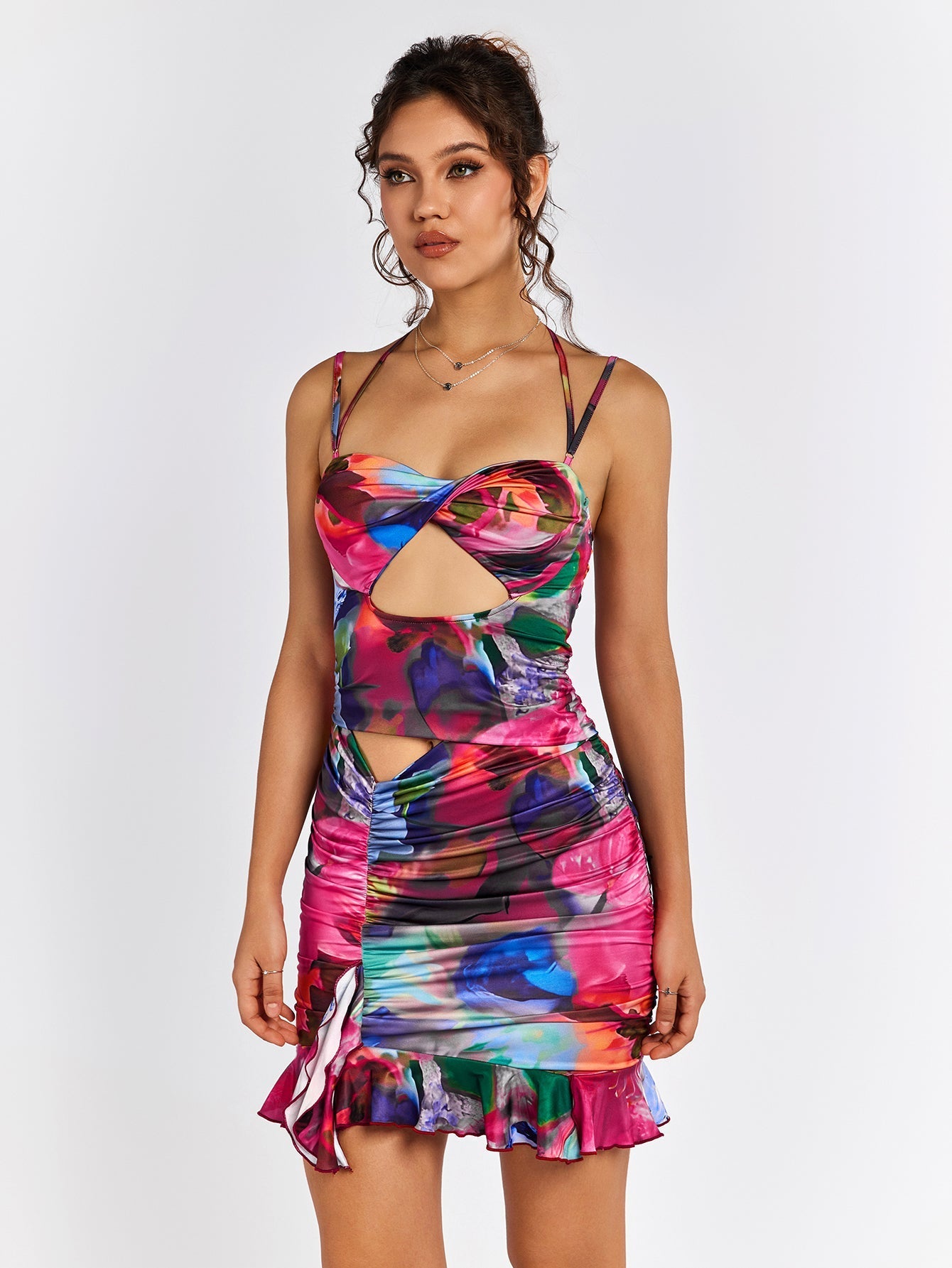 Ruched Halter Cut Out Mini Dress