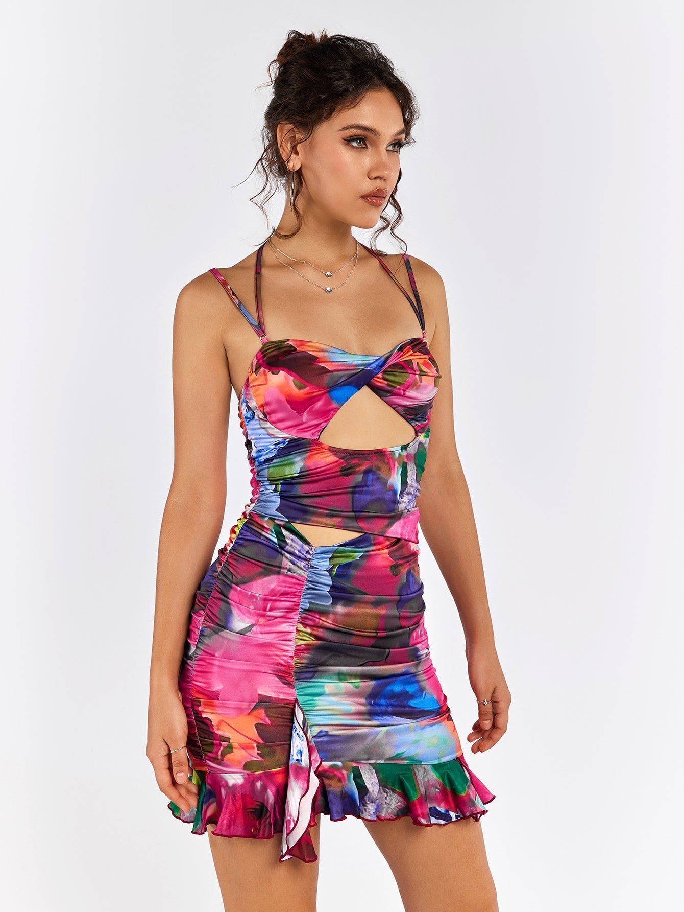 Ruched Halter Cut Out Mini Dress