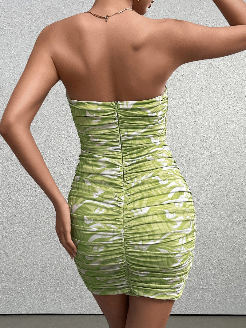 Ruched Mesh Print Tube Dress
