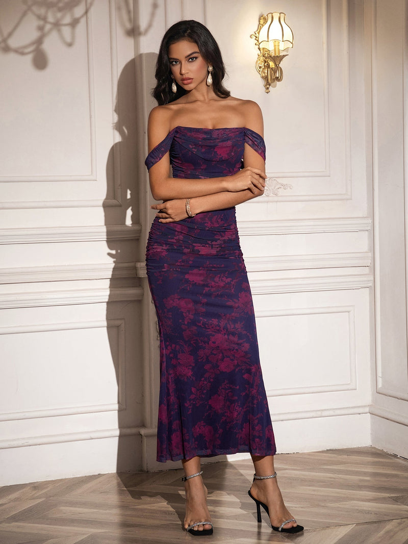 Ruched Off Shoulder Zipper Back Bodycon Dress