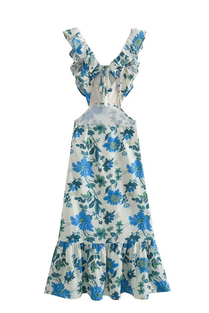 Ruffled Cutout Printed Lace Up Dress