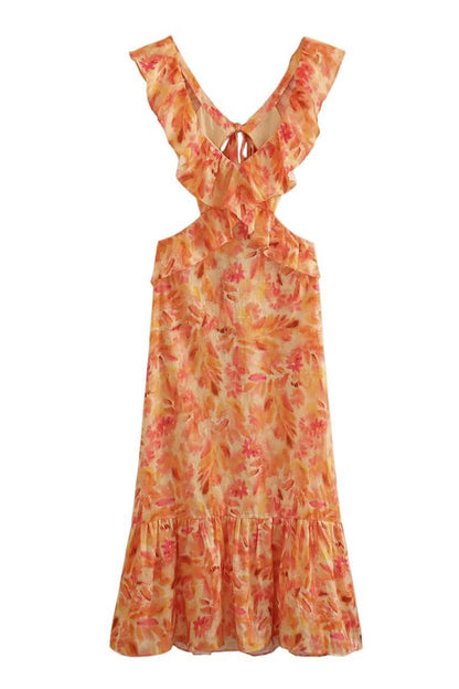 Ruffled Cutout Printed Lace Up Dress