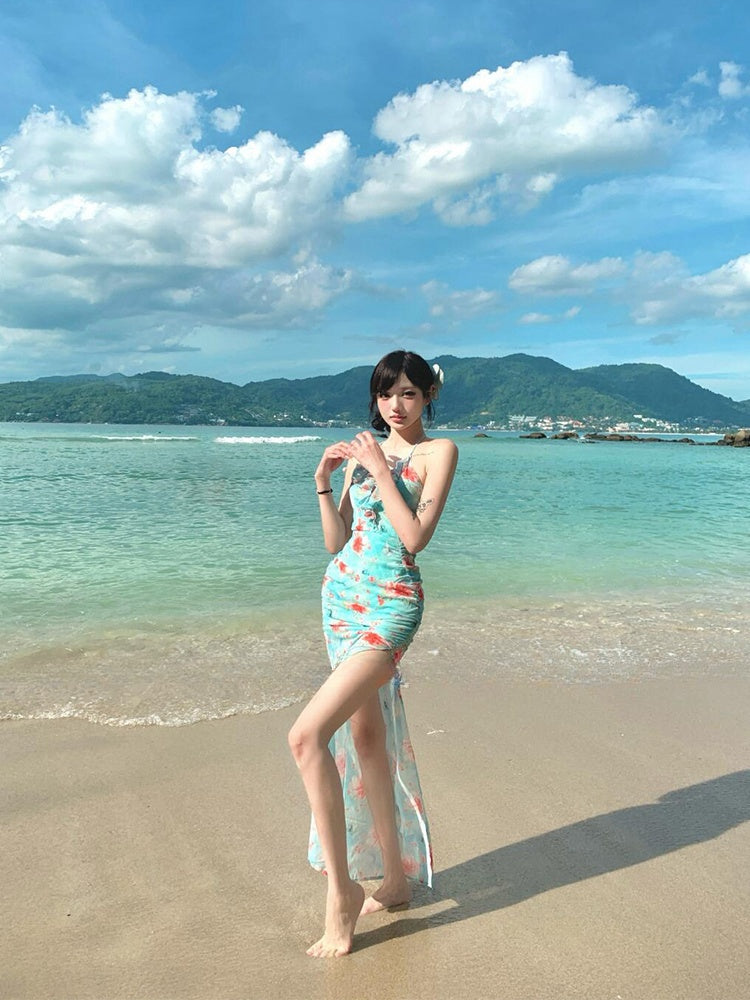 Ruffled Split Maxi Dress _ Feminine Open-back Summer Beach Dress