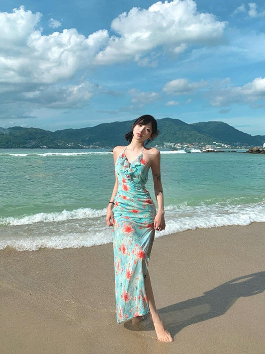 Ruffled Split Maxi Dress _ Feminine Open-back Summer Beach Dress