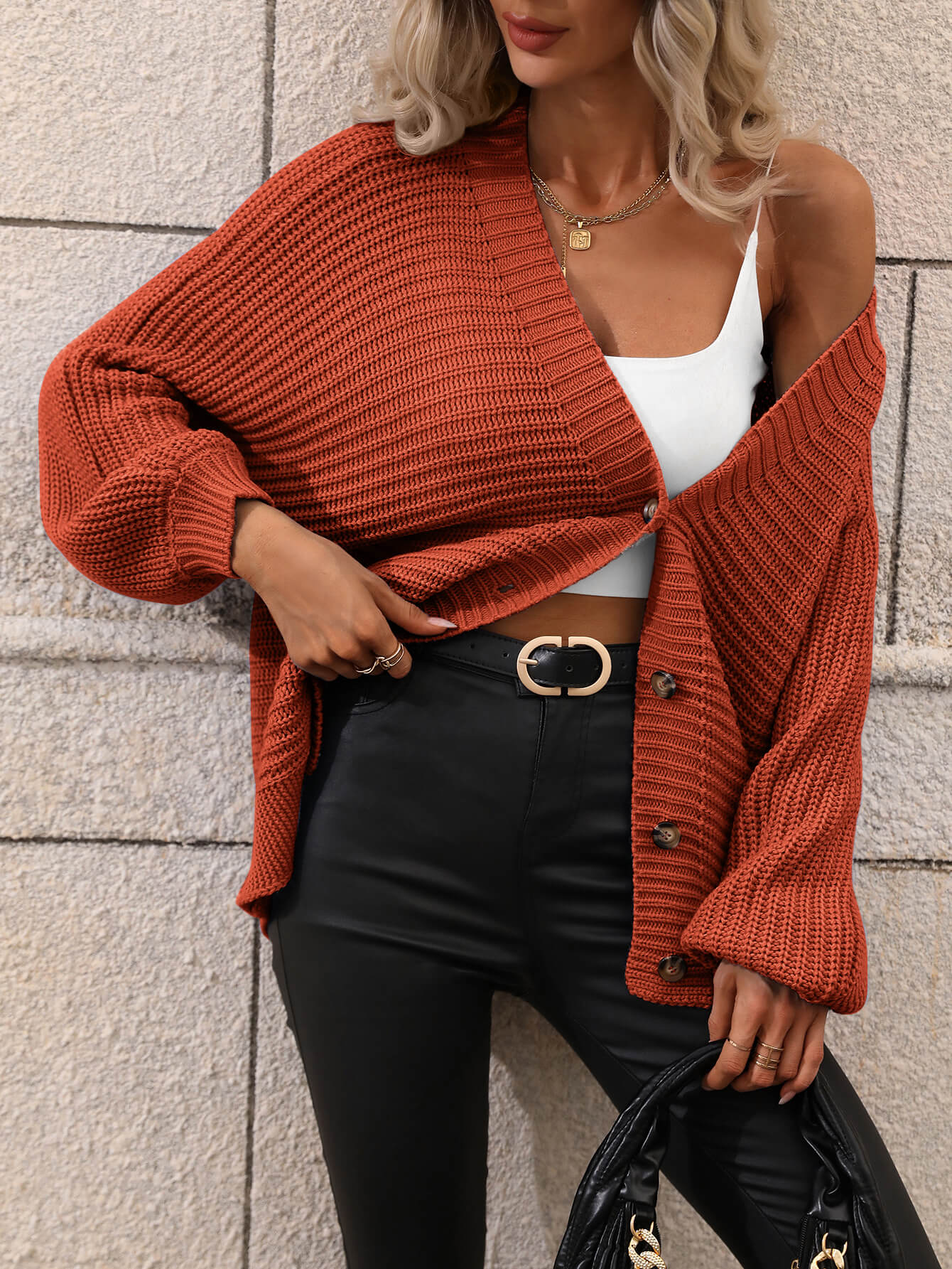 Button Up Oversized Knit Cardigan - Rust