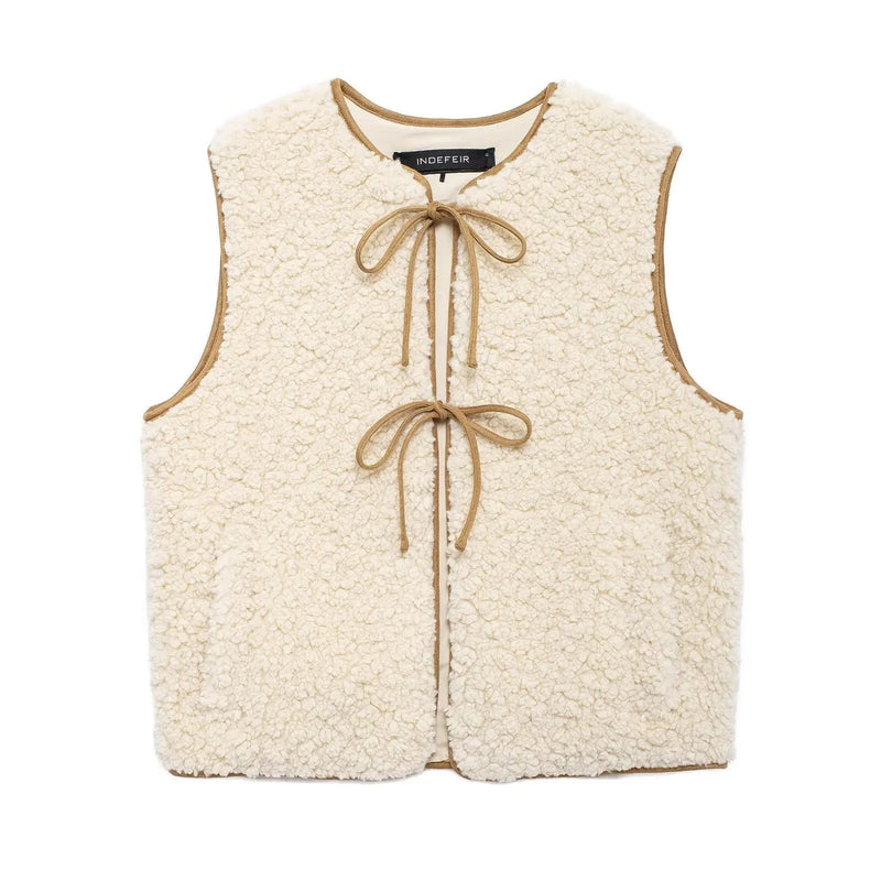 Winter New Fleece Vest Jacket Round Neck Lace-up Sleeveless Jackets Simple Waistcoat Outerwear