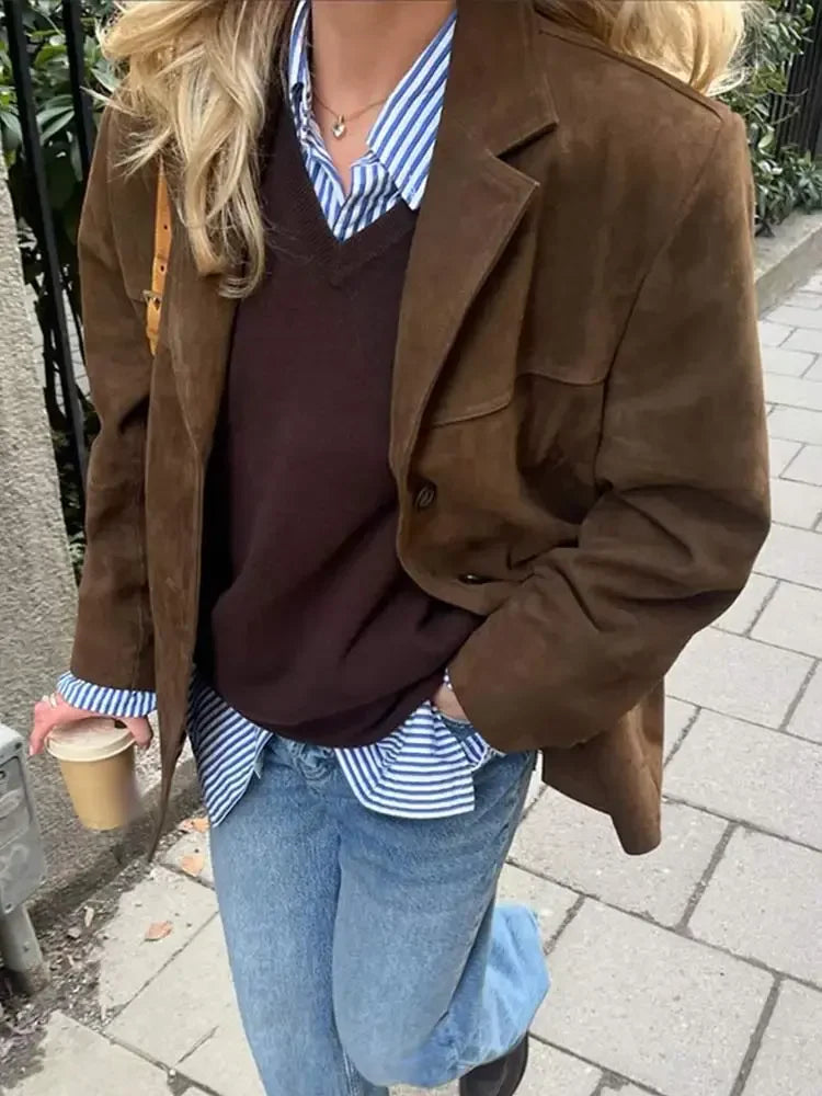 Woman Brown Lapel With Pocket Jacket Single Breasted Long Sleeve Short Coat Autumn Lady High Street Outerwear