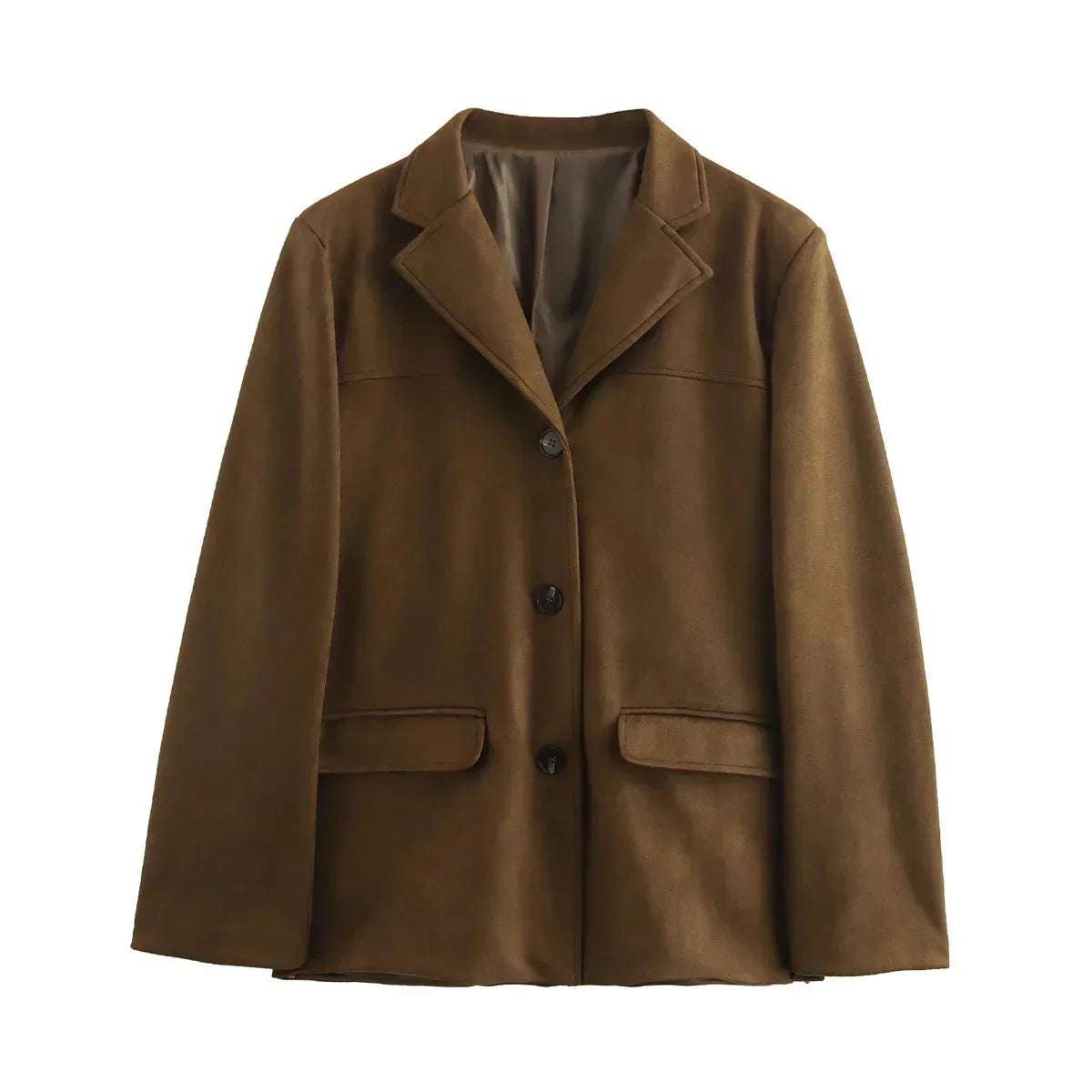 Lapel Pocket Suede Leather Jacket Loose Single Button Oversize Brown Coats Female Street Clothes