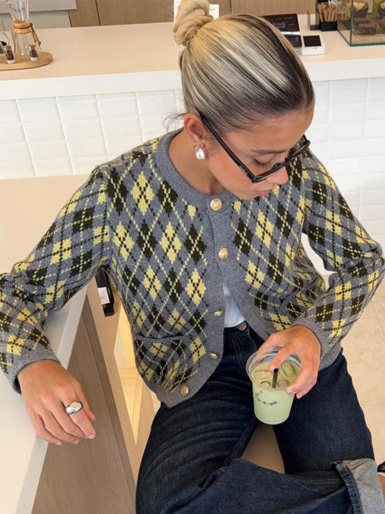 Check Plaid Knitted Cardigans Single Breasted Loose Sweaters Long Sleeve Coats Winter Lady Tops