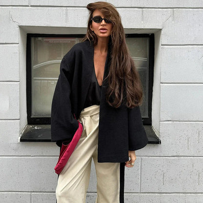 New Black Lace Up Overcoats Autumn Office Jackets Slim Fit Pleated Coat V-neck Commute for Lady Coats