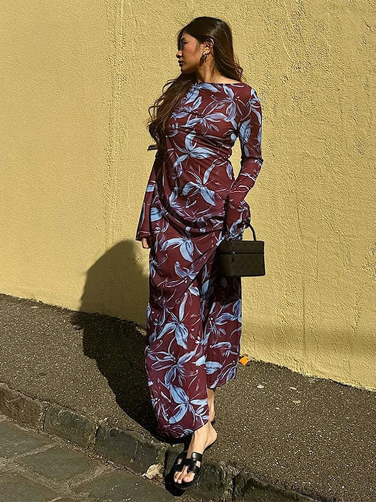 Retro Printed O-neck Holiday Dress Full Sleeve Waist-cinching Long Dresses Female Summer Street Vestidos
