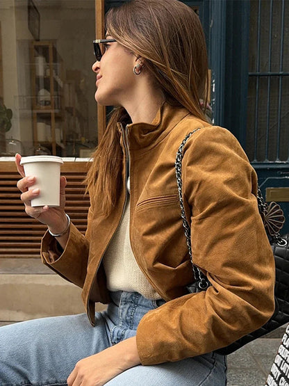 Stand Collar Suede Leather Jacket Coat Zipper Retro Long Sleeved Biker Jackets Loose Front Shoulder Short Outwear