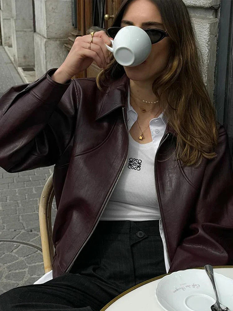 Zipper Leather Jacket for Turn-down Collar Long Sleeve Female Coat New Autumn Outerwears