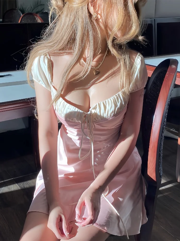 Satin French Bubble Tank Short Dress Lacing Retro Sweet Strap Slim A-line Mini Dress Summer Clothes for Female