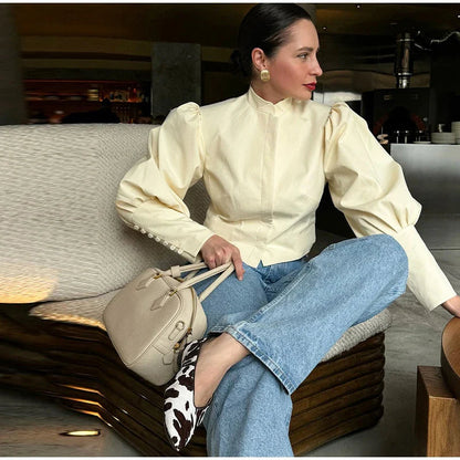 Retro Stand Collar Short Shirt Single Breasted Puffy Sleeve Shirts Coat Lady Versatile