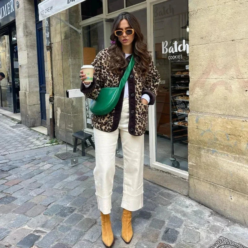 Leopard Print Single Breasted Jacket O Neck Long Sleeves Pocket Coat New Lady Warm Outerwear
