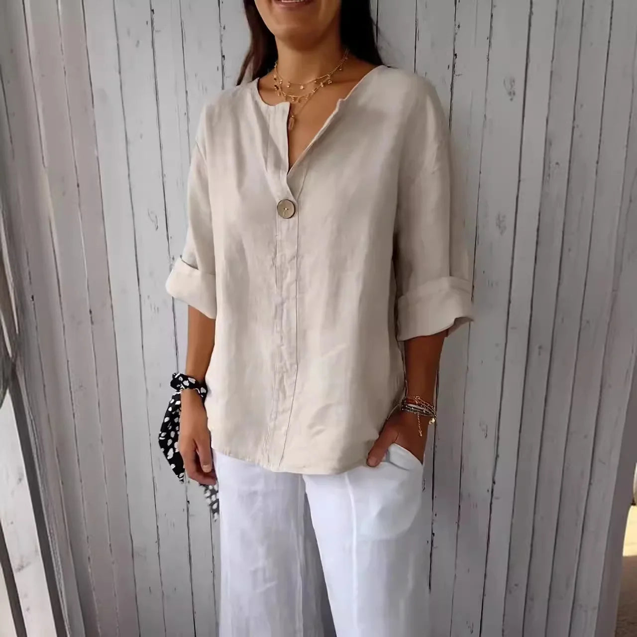 Summer V-neck Button Tee Blouse