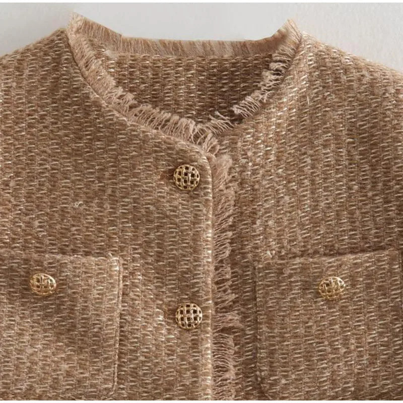 O-neck Pockets Short Coats for Autumn Long Sleeve Single Breasted Tweed Jacket New Cropped Coats Female