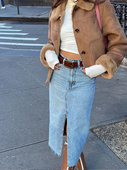 Color Thicken Lapel Short Jacket Winter New Woman Single Breasted With Pockets Coat High Street Outerwear