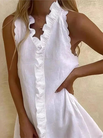 Cotton Linen Ruffle Sleeveless Mini Dress