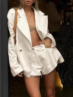 Textured Suits for Double Breasted Long Sleeve Outerwear+raw Hem Shorts Sets Two-piece Set