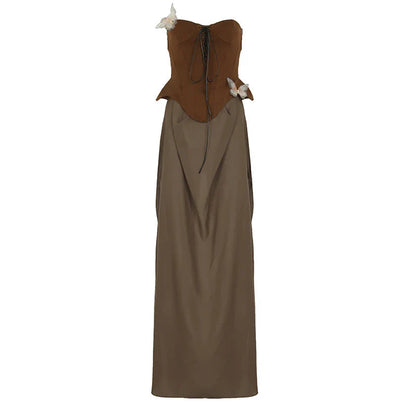 Butterfly Detail Strapless Long Dress Aesthetic Detachable Corset Top Maxi Dresses