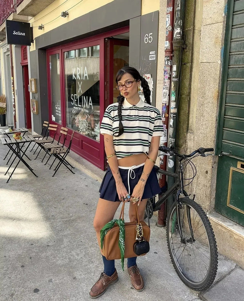 Striped Contrast Short Sleeve T-shirt Buttons Turndown Collar Tee Shirt Spring New Top Tees