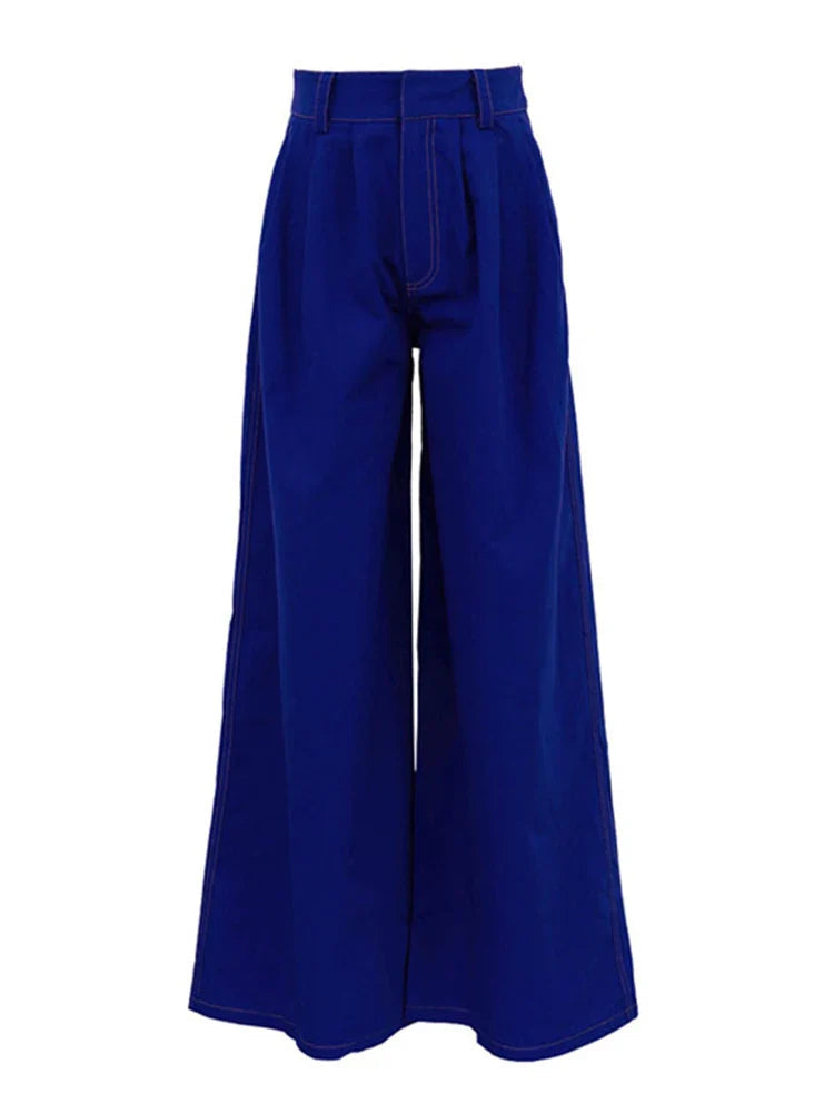 Wide Leg Pleated Pants for Loose High Waist Straight Striped Blue Street Pants Female Spring Street Trousers