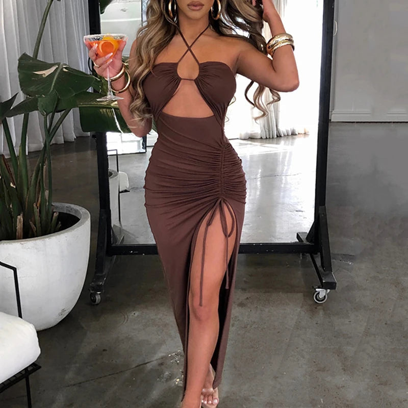 Black Hollow Lace-up Halter Maxi Dress
