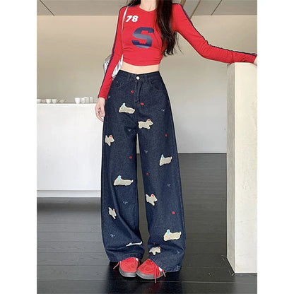 Dog Embroidery Pattern Wide Leg Jeans Cool Girl High Waist Baggy Pants Female Denim Trousers