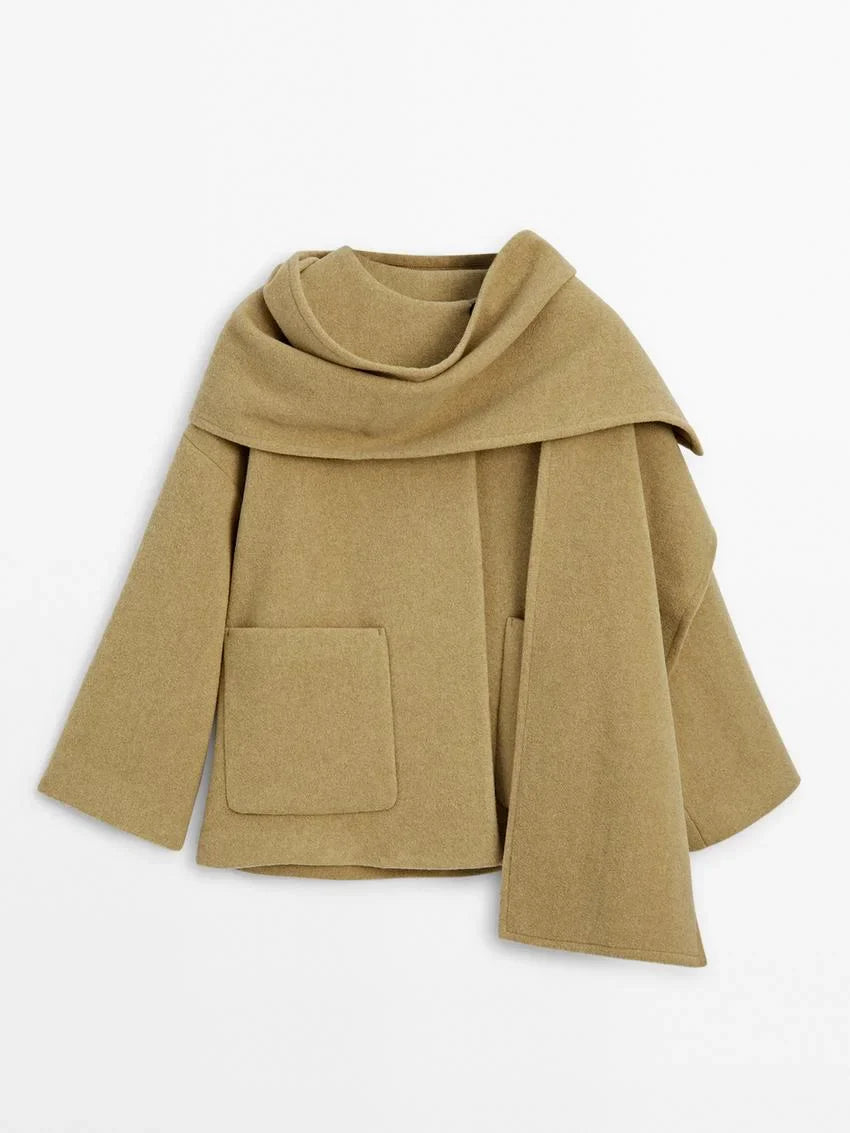 Woolen Scarf Collar Coat Single Breasted Thicken Warm Pocket Loose Jacket Winter Long Sleeve Outwear