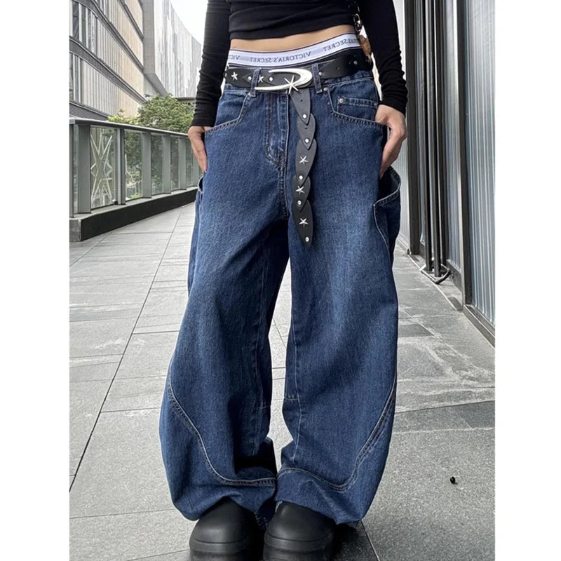 Blue Jeans Hip-hop Y2k Wide Leg Straight Jean High Waist Trouser Baggy Cargo Denim Pants