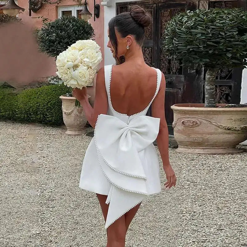 Pearl Bow Waist Wrap Backless Mini Dress