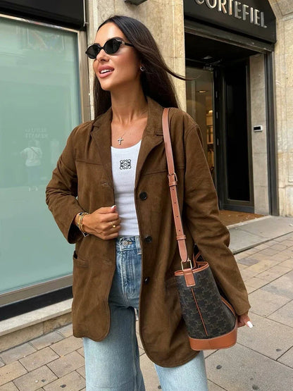 Turn Down Collar Brown Autumn Jacket for Single Breasted Long Coat Jacket Female Winter Jacket Back Slit