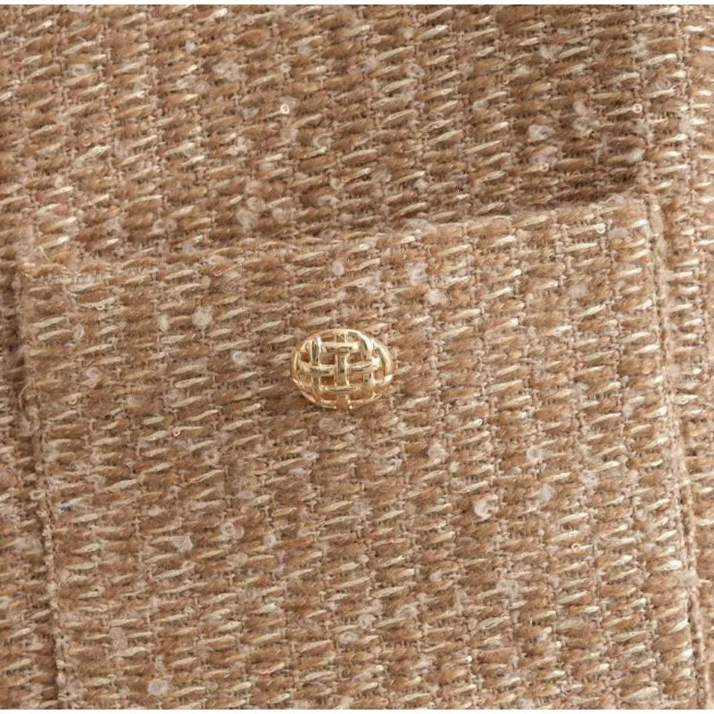 O-neck Pockets Short Coats for Autumn Long Sleeve Single Breasted Tweed Jacket New Cropped Coats Female