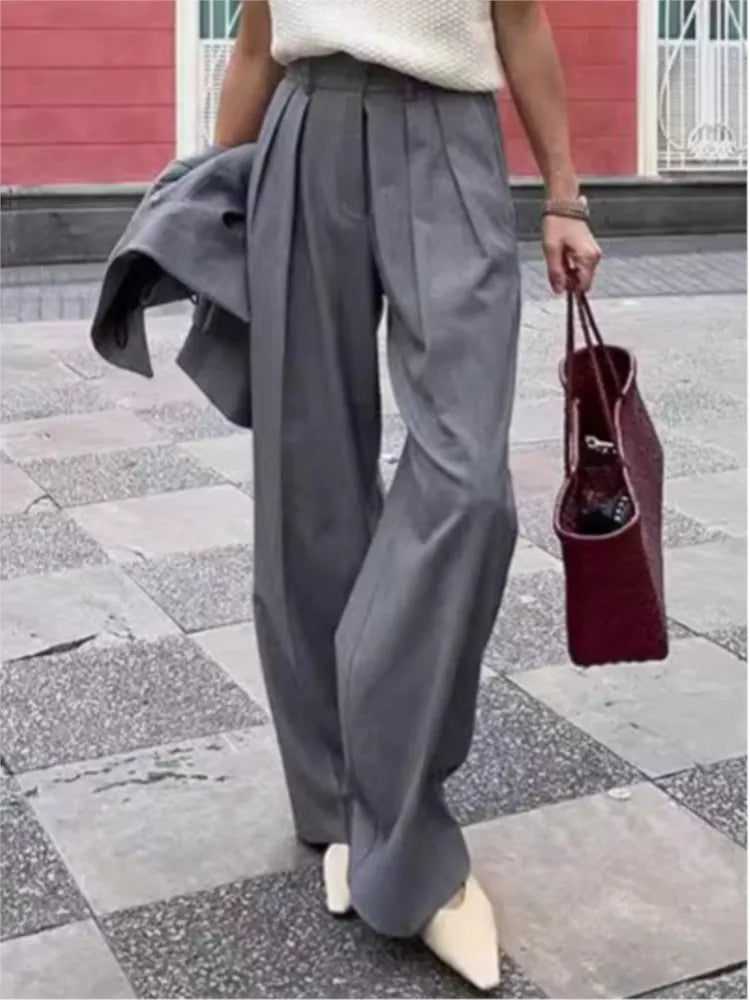 New Autumn Gray Straight Pant Cotton Blend Color High Wiast Loose Woman Trouser Simple Female Clothing New