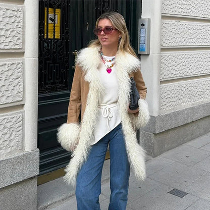 Furry Faux Fur Patchwork Coats Winter Long Sleeve Lapel Female Loose Jacket Pockets Thick Warm Lady Outwear