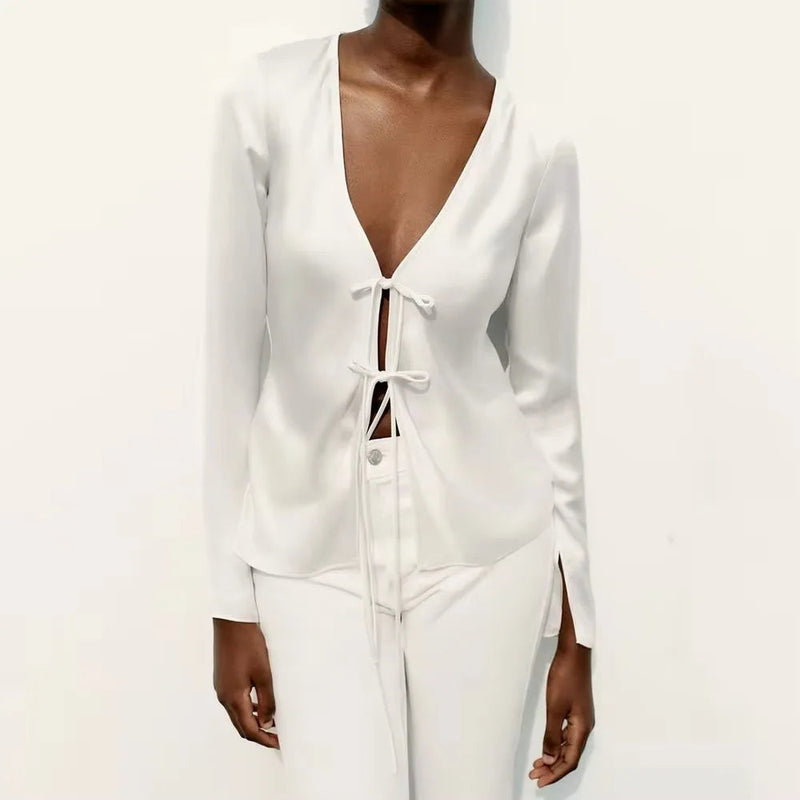 V-neck Tie Up Bow Silk Satin Blouse