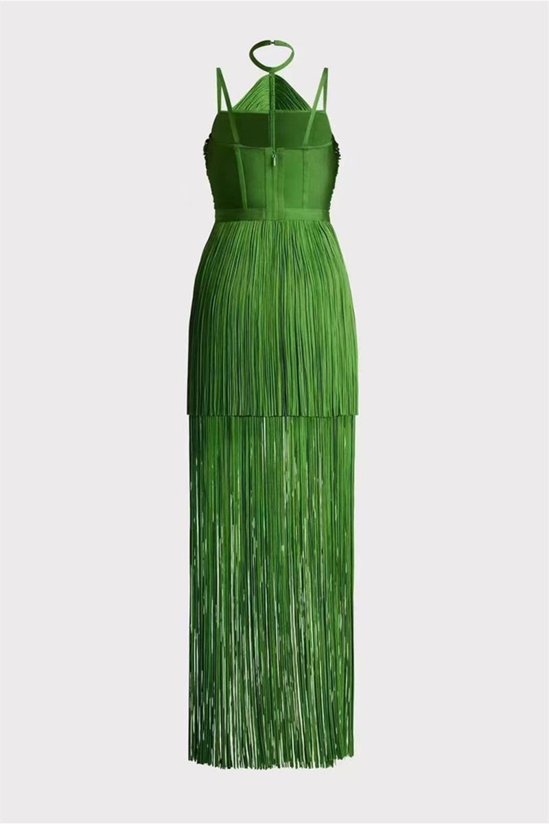 Phoebe Halter Fringed Maxi Dress